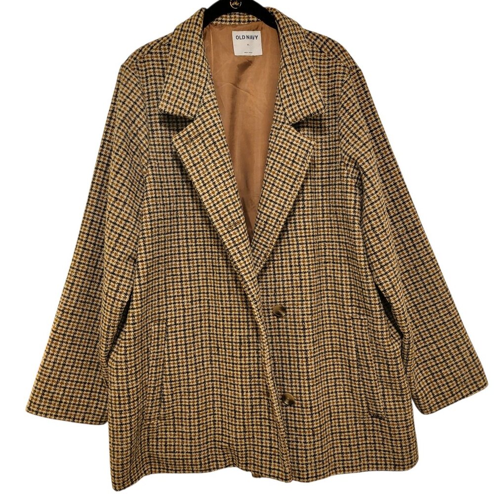 NWT Women's Tan Houndstooth Plaid Wool Blend Coat Classic Preppy Academia Sz XL